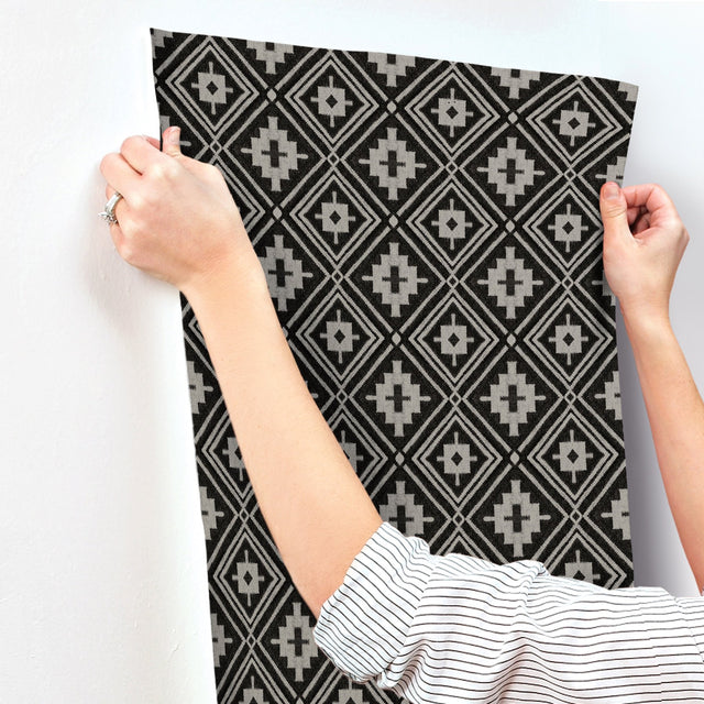 Camp Blanket Black Wallpaper with Geometric Western Medallion Pattern, Traditional Prepasted Non Woven - Brewster 4142-72656