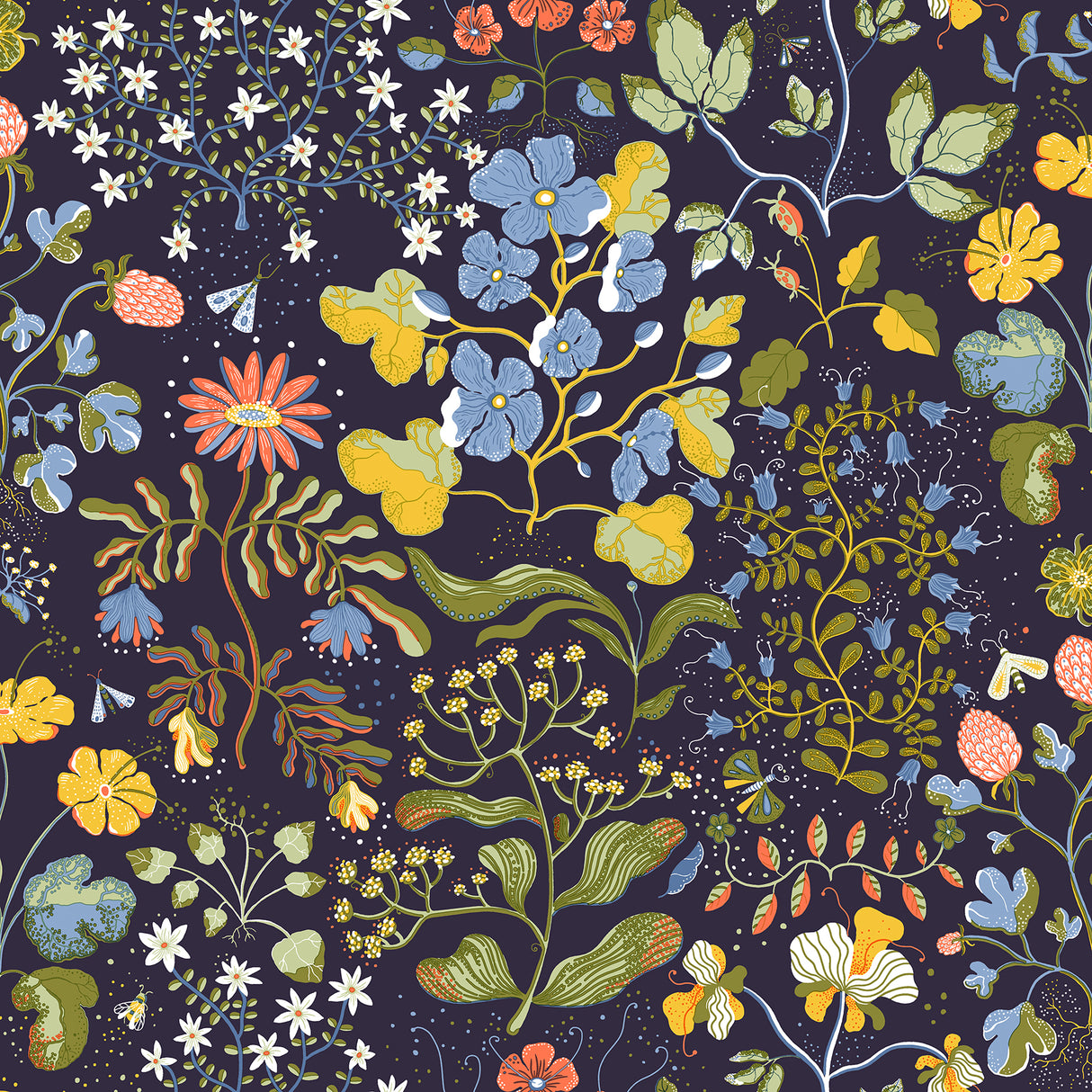 Groh Dark Blue Floral Wallpaper by A-Street Prints - Scandinavian Botanical Wildflower Pattern on Deep Navy Background - MD22002