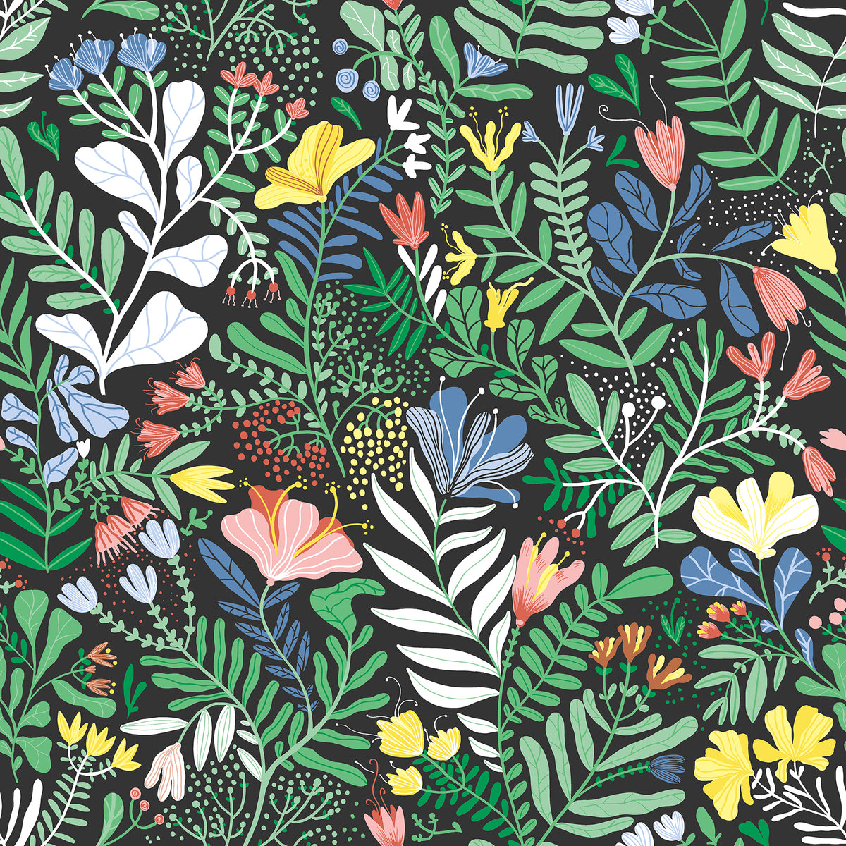 Brittsommar Black Woodland Floral Wallpaper by A-Street Prints - Whimsical Scandinavian Botanical Design on a Black Background