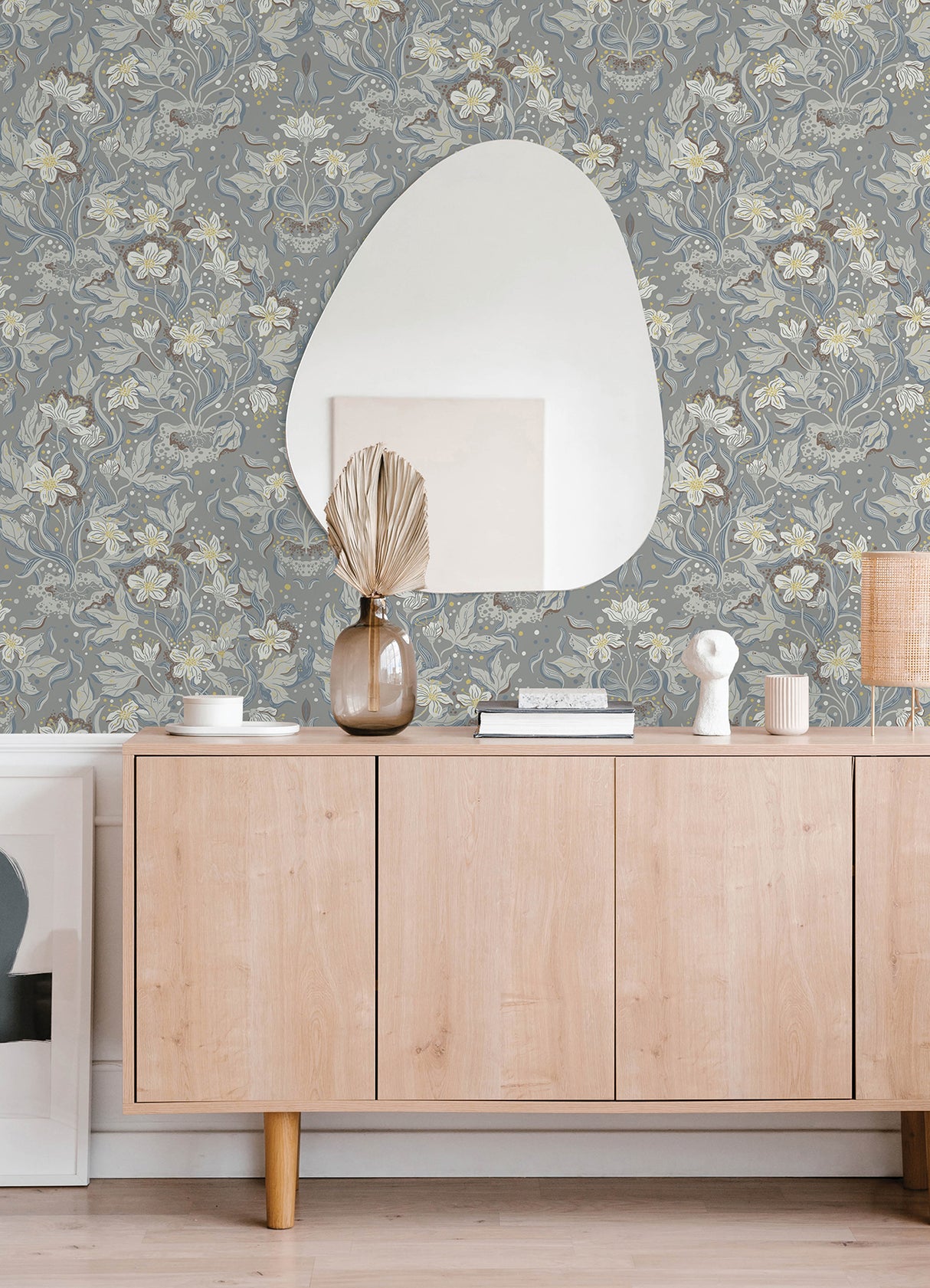 Lisa Stone by A-Street Prints Whimsical Botanical Illustrative Floral Damask Wallpaper in Grey White Blue and Mustard Yellow - MD22018