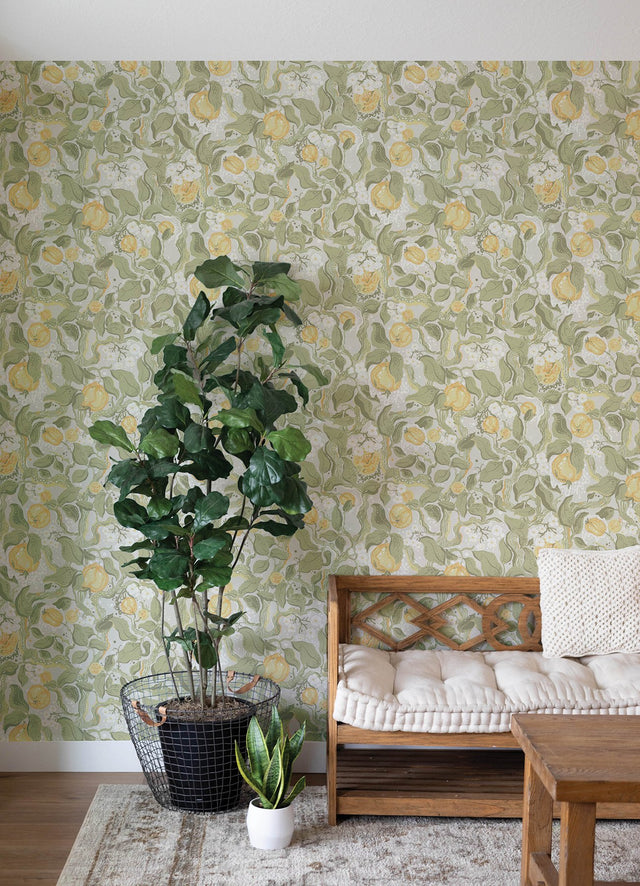 Kort Sage Fruit and Floral Wallpaper with Scandinavian Botanical Pattern - Brewster 4143-22025