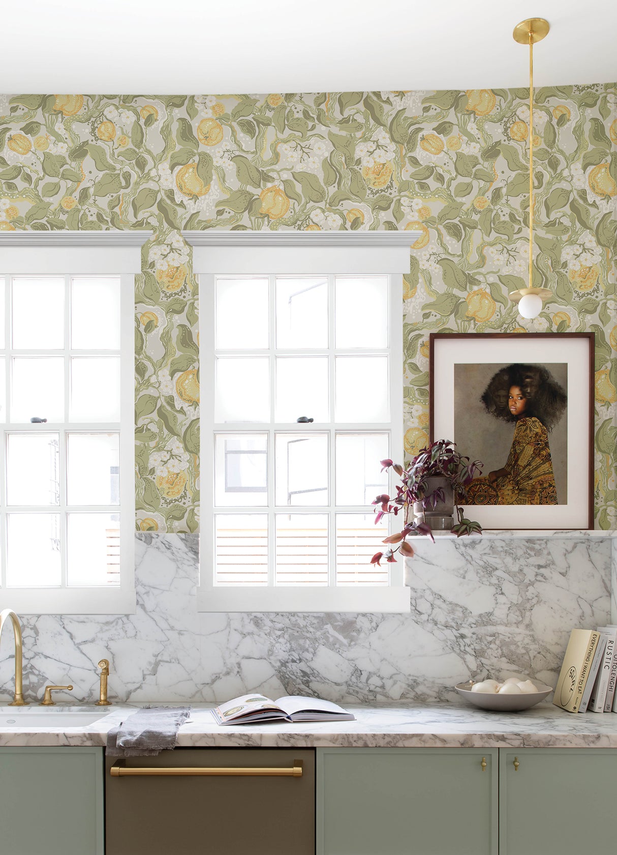 Kort Sage Fruit and Floral Wallpaper in Sage Green and Golden Yellow by A-Street Prints Scandinavian Botanical Non Woven Sidewall - MD22025