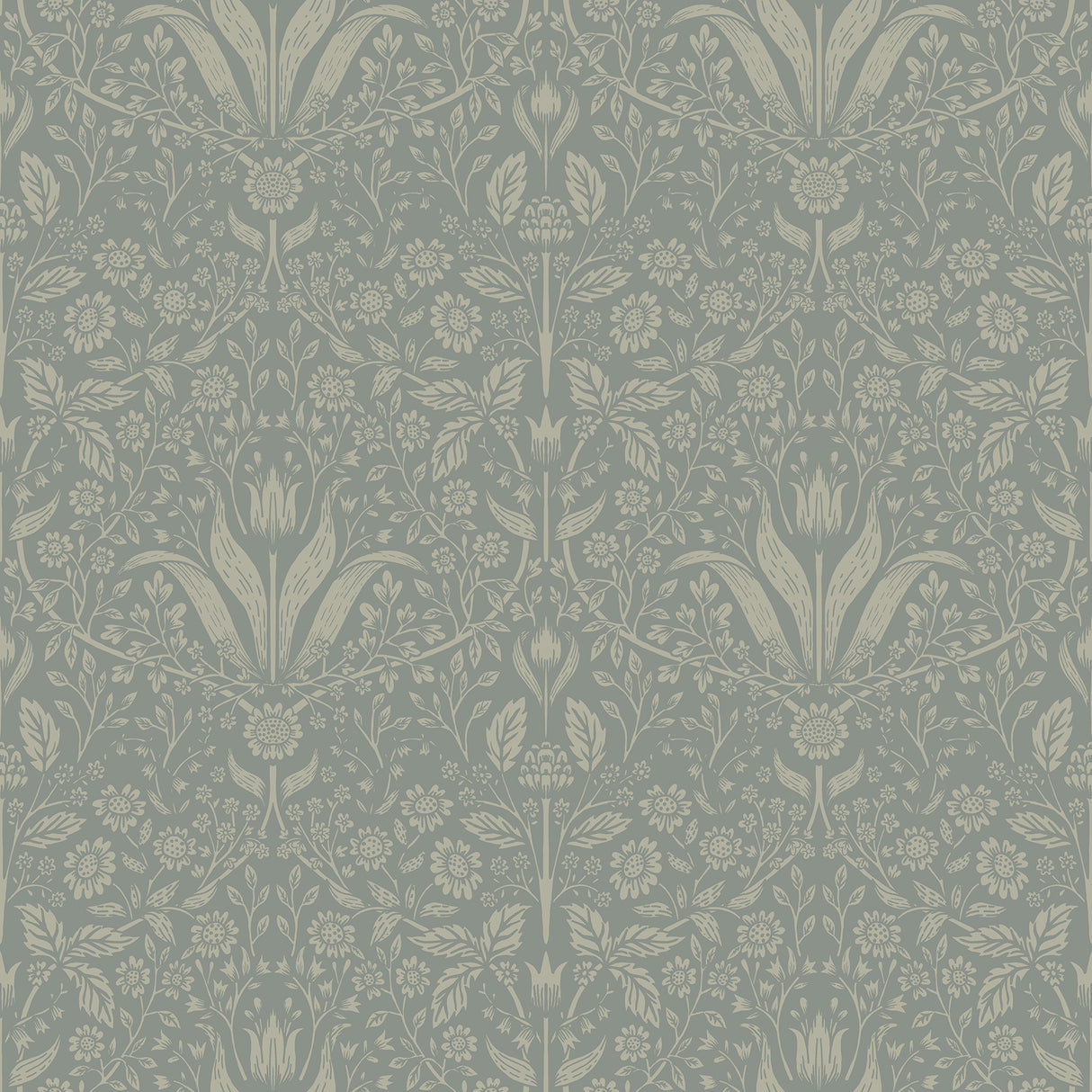 Mara Green Tulip Ogee Wallpaper by A-Street Prints featuring sage botanical floral tulip and daisy pattern on a rich green background