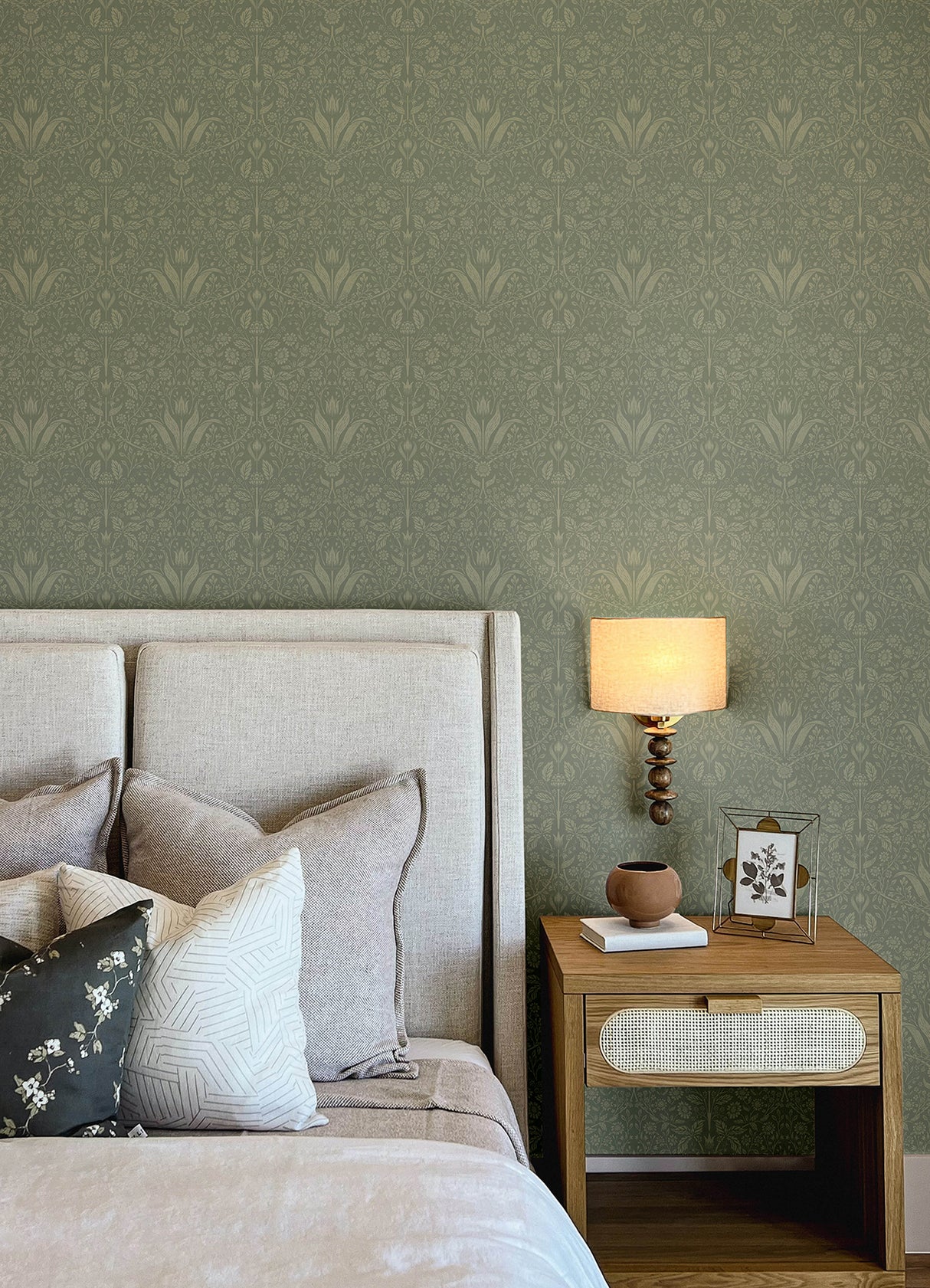 Mara Green Tulip Ogee Sage and Muted Green Botanical Floral Scandinavian Non Woven Unpasted Wallpaper by A-Street Prints - MD34009