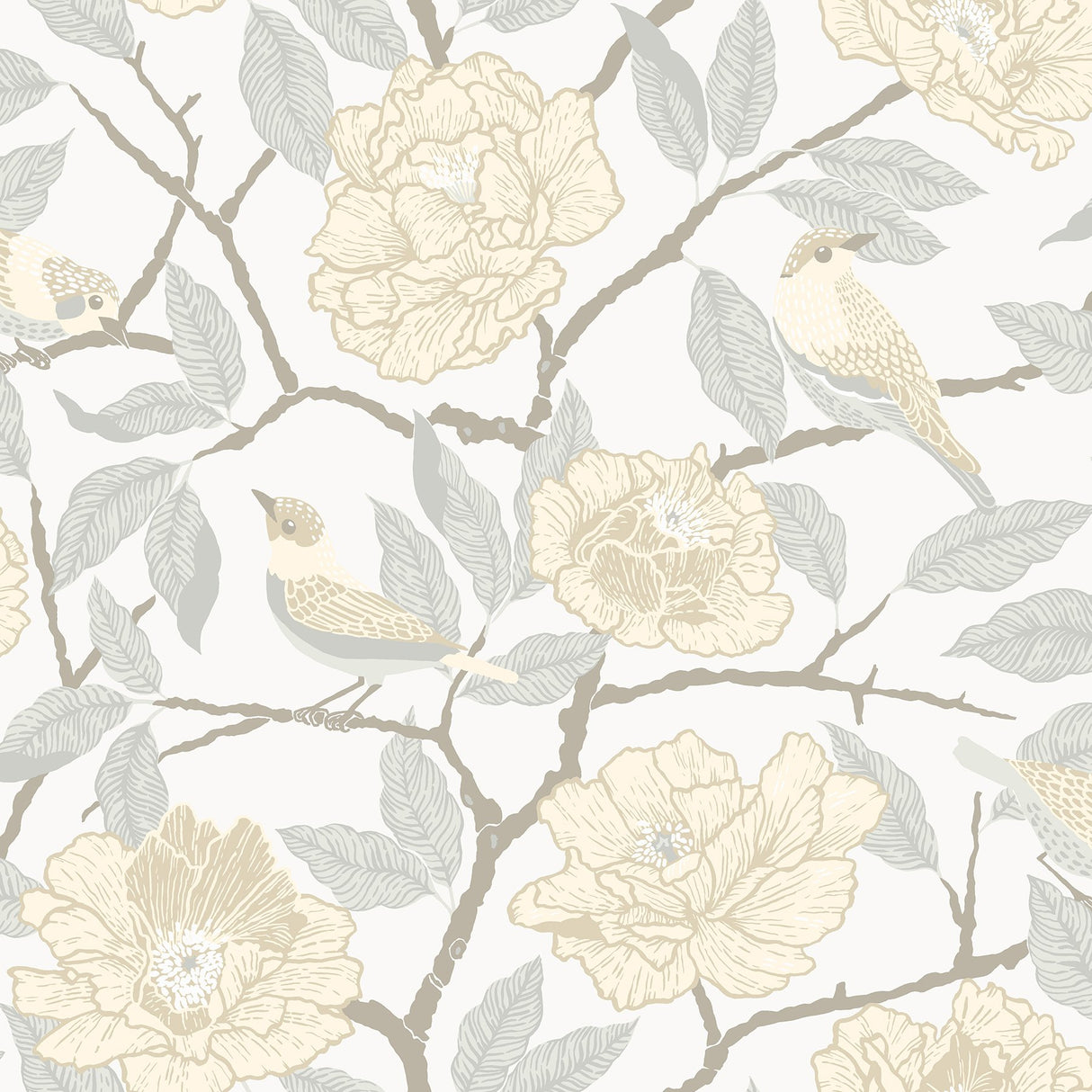 Bernadina Light Yellow Rosebush Wallpaper with Botanical Flower and Sparrow Motif - A-Street Prints 4143-34022