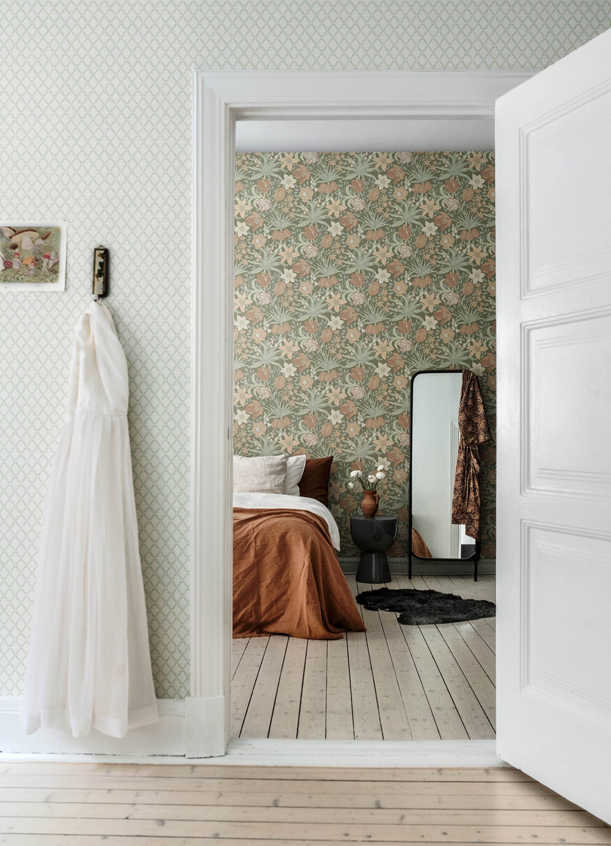 Cecilia Moss Tulip and Daffodil Whimsical Botanical Floral Wallpaper Featuring Spring Flowers in Sage Green Tones by A-Street Prints - MD34029