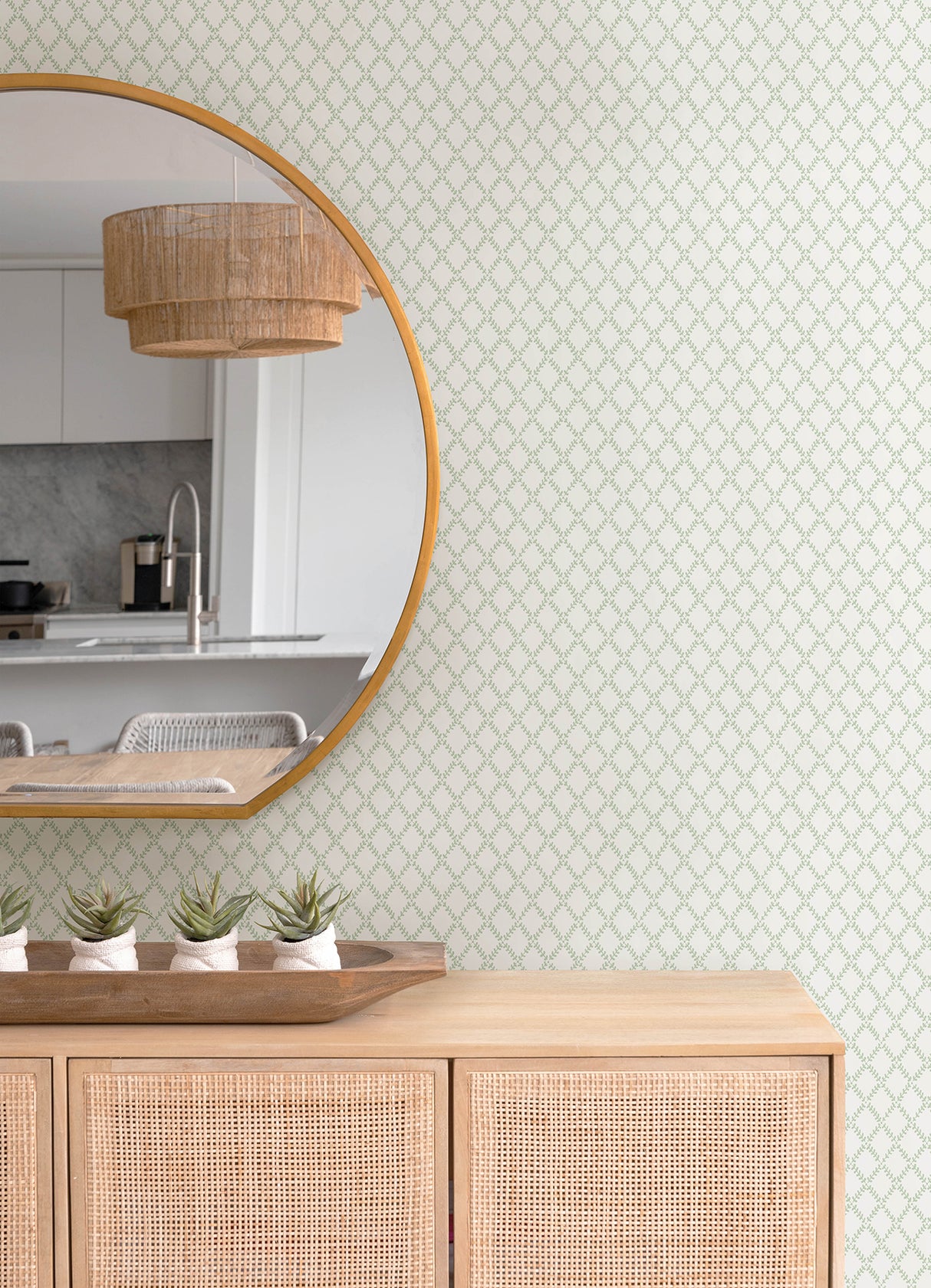 Trevor Sage Leaf Trellis Wallpaper in Sage Green Non Woven Unpasted Strippable by A-Street Prints Botanica Farmhouse Botanical Collection - MD34036