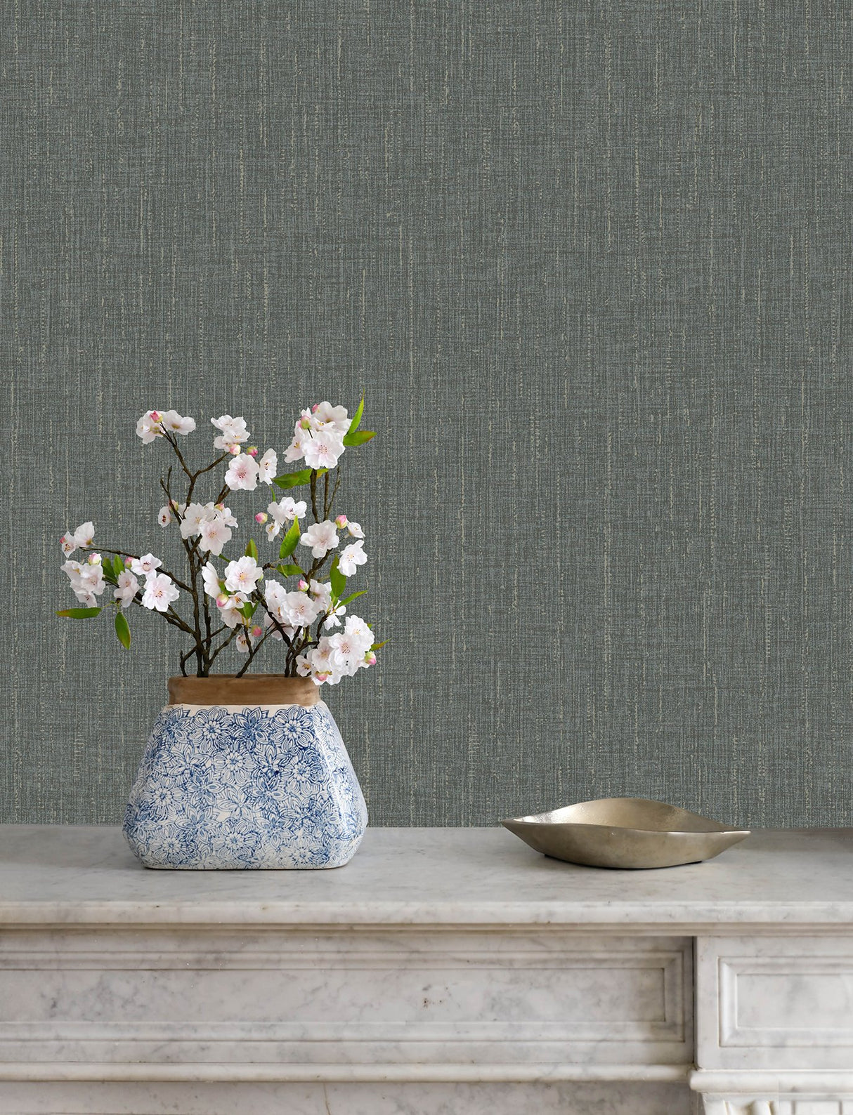 Glenburn Stone Woven Shimmer Wallpaper with Fabric Texture, Metallic Raised Ink - Brewster 4144-9151