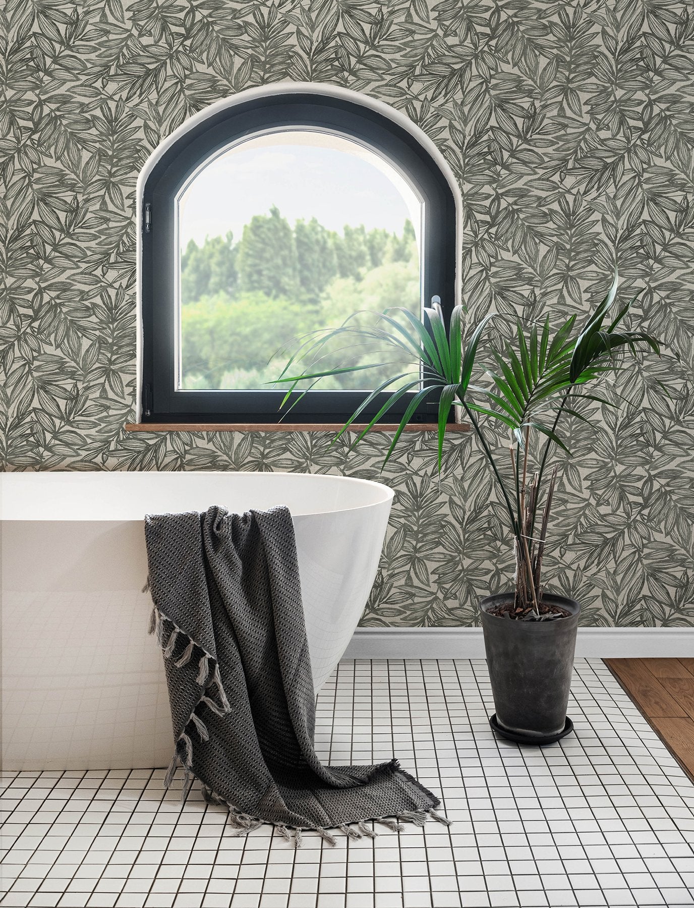 Rhythmic Charcoal Leaf Wallpaper with Botanical Leaf Motif, Farmhouse Style - A-Street Prints 4146-27229