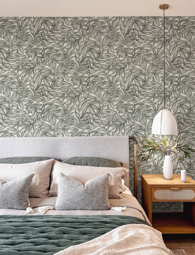 Rhythmic Charcoal Leaf Wallpaper with Botanical Leaf Motif, Farmhouse Style - A-Street Prints 4146-27229