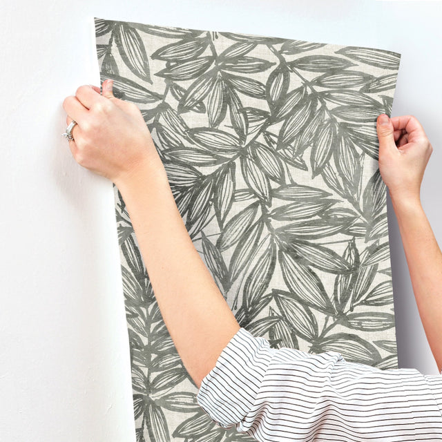 Rhythmic Charcoal Leaf Wallpaper with Botanical Leaf Motif, Farmhouse Style - A-Street Prints 4146-27229