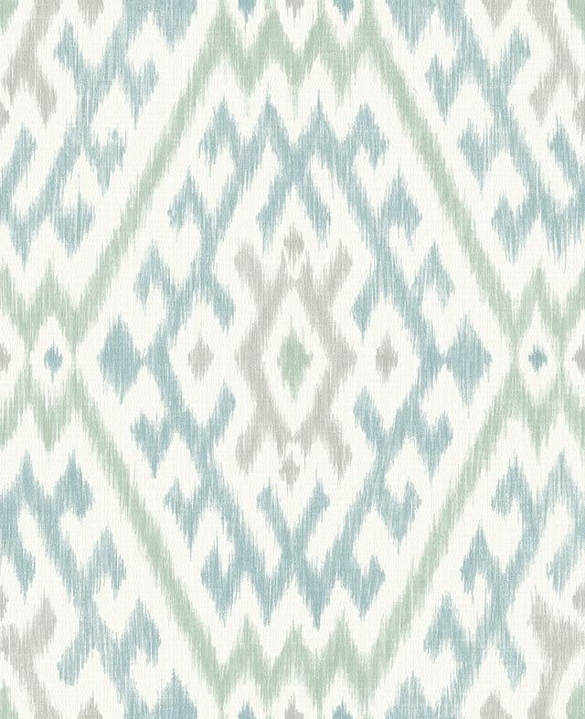 Solola Aqua Ikat Wallpaper with Bohemian Global Pattern, Raised Ink Textured - A-Street Prints 4146-27236
