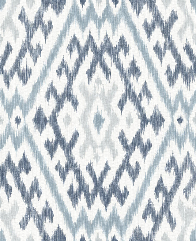 Solola Blue Ikat Wallpaper with Bohemian Global Pattern - Brewster 4146-27238