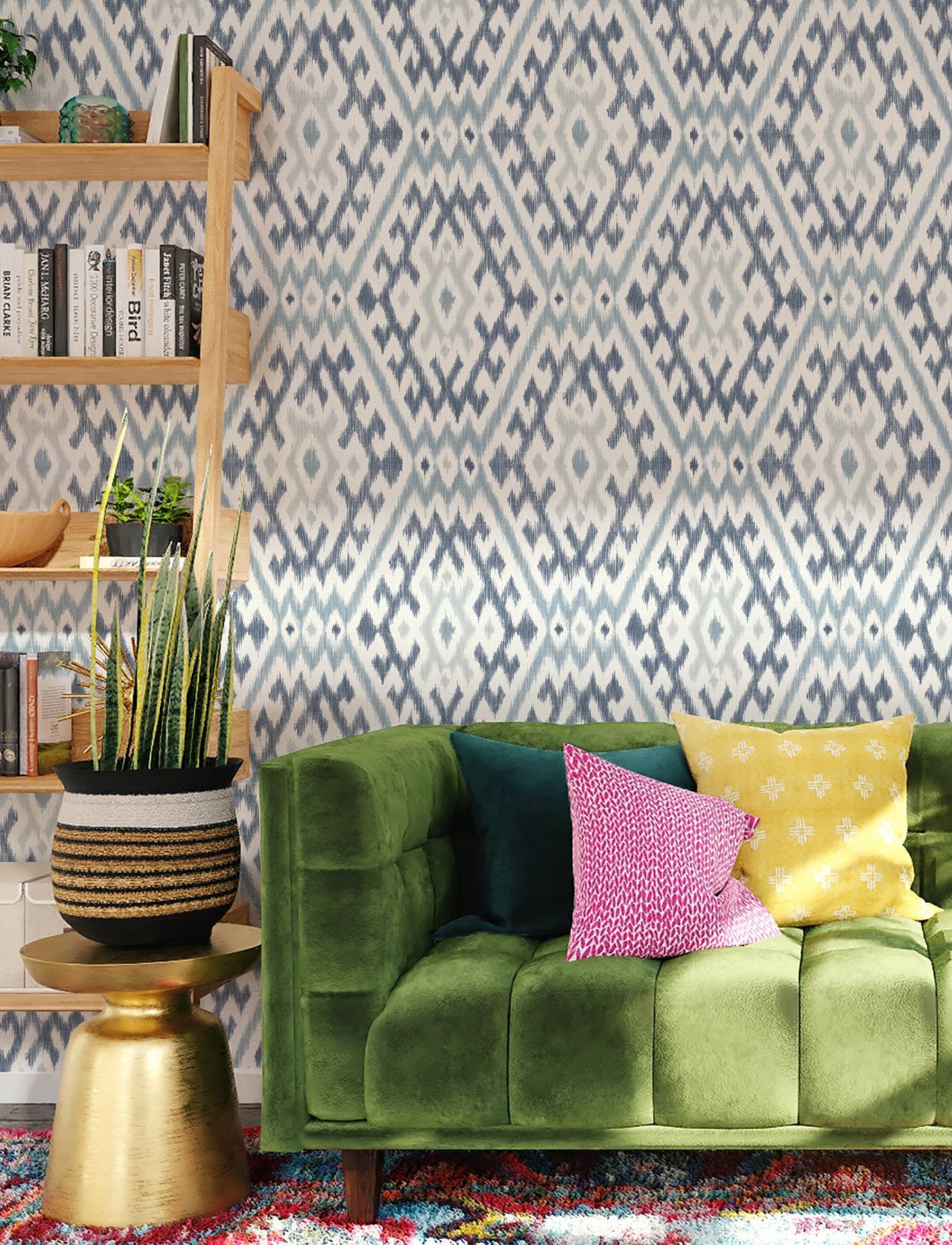 Solola Blue Ikat Wallpaper with Bohemian Global Pattern - Brewster 4146-27238