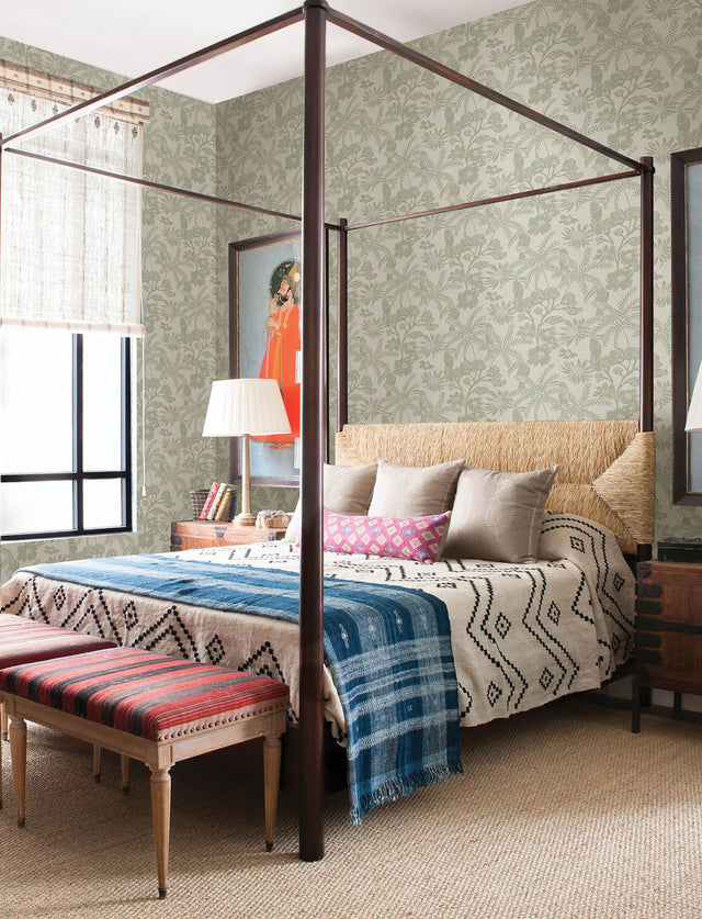 Jacaranda Sage Tropical Trail Textured Wallpaper with Bohemian Animals Motif - A-Street Prints 4146-27244