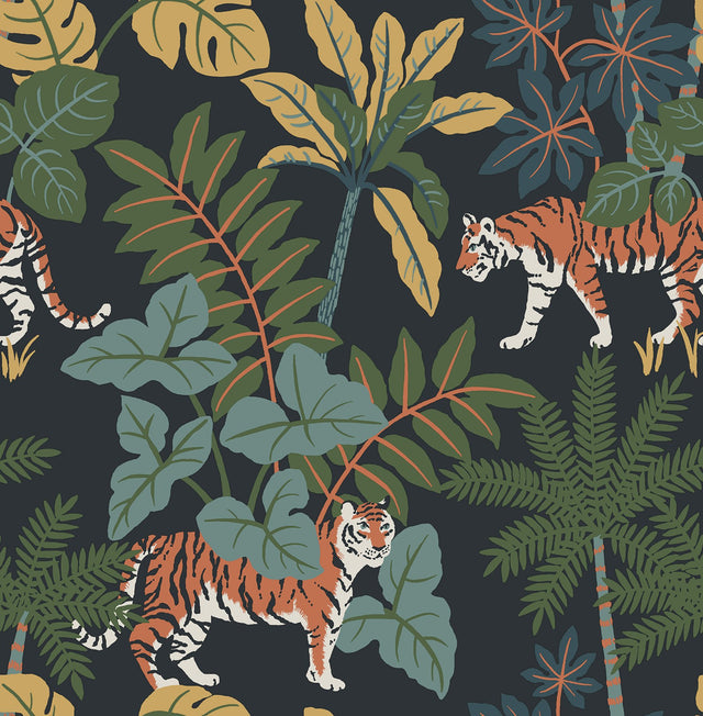 Caspian Navy Jungle Prowl Wallpaper with Bohemian Animals Pattern - A-Street Prints 4146-27248