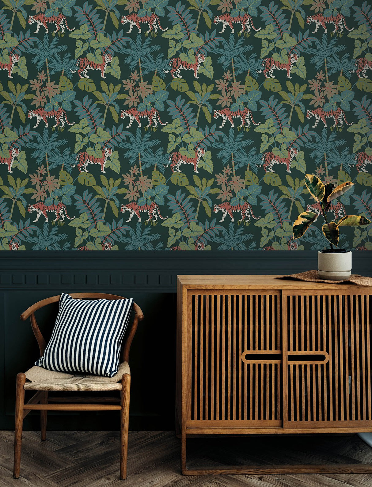 Caspian Jungle Prowl Evergreen Wallpaper with Bohemian Animal Motif - A-Street Prints 4146-27251