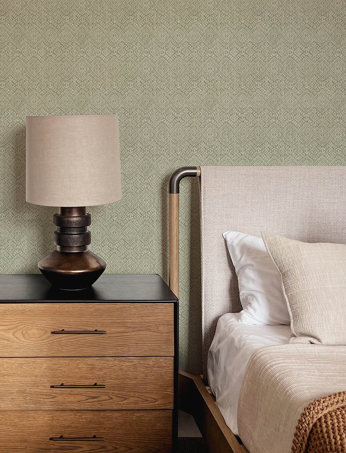 Gallivant Sage Woven Geometric Wallpaper with Textured Raised Ink Bohemian Global Pattern - Brewster 4146-27253