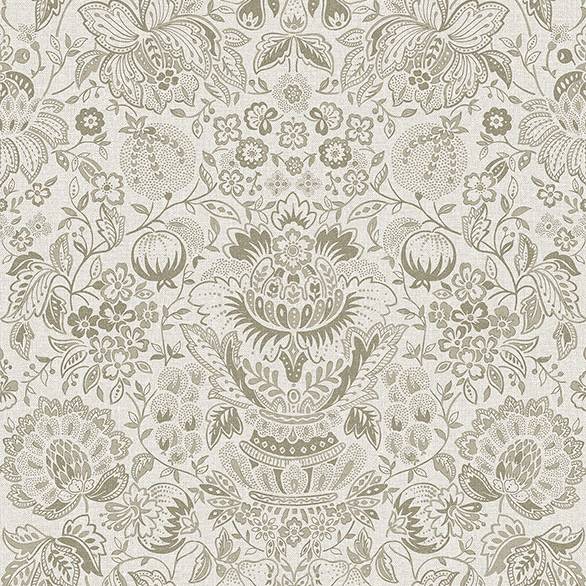 Blanche Neutral Floral Damask wallpaper in light grey and taupe on white, non woven, 20.5 in x 33 ft roll.
