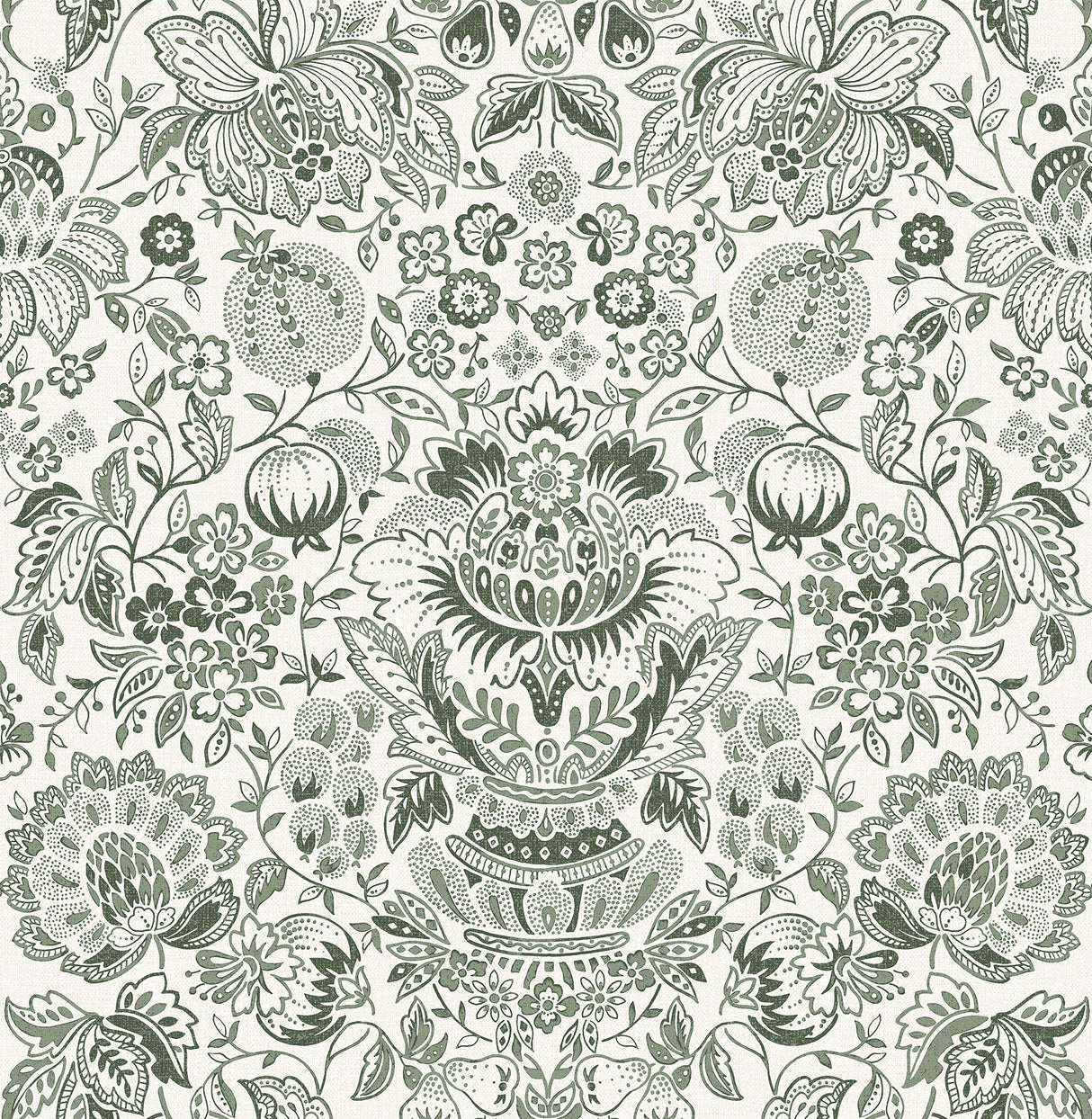 A-Street Prints Blanche Dark Green Floral Damask Wallpaper roll and pattern