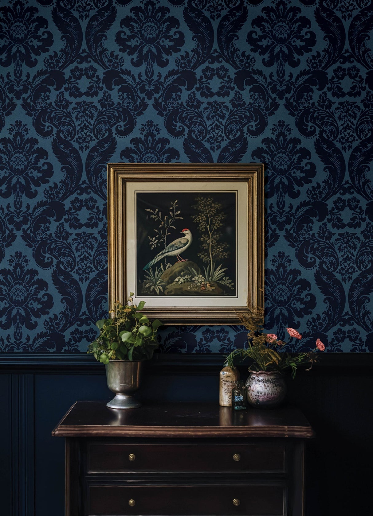 Shadow Blue Flocked Damask by A-Street Prints Non Woven Unpasted Wallpaper – A-Street Prints 4147-87310