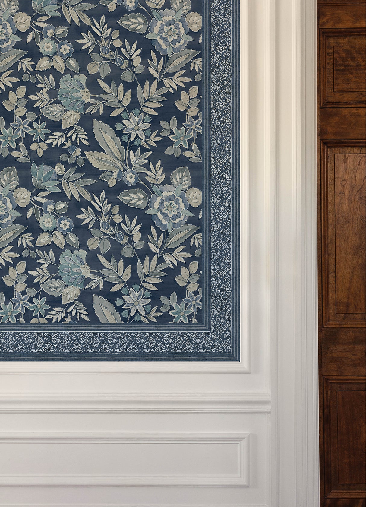 Carved Floral Blue Trim Wall Border Blue by Chesapeake Indigo Transitional Botanical Floral Vine Non Woven Wallpaper Border - Chesapeake 4148-14502