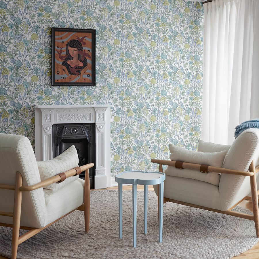 Goldfinch Aqua by Chesapeake Birds and Blooms Wallpaper – Brewster Home Fashions 4148-27413
