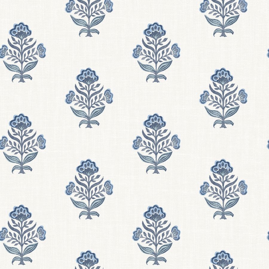 Chesapeake Hollyhock Blue Floral Crest Wallpaper pattern on linen-look background