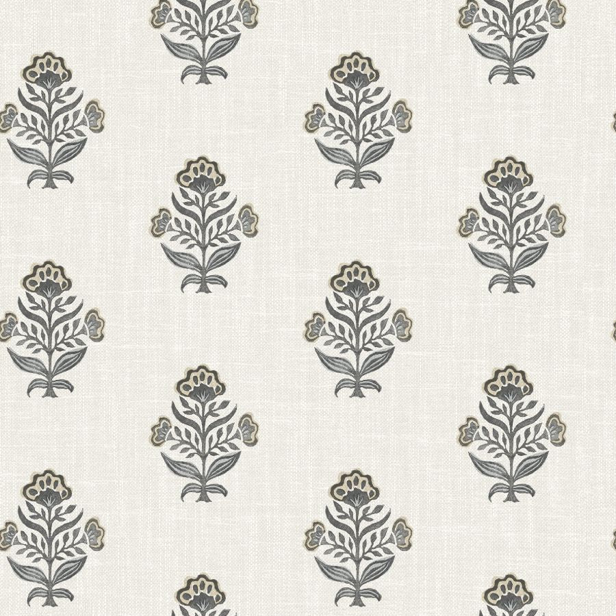 Hollyhock Black Floral Crest Wallpaper by Chesapeake on a linen-look ground