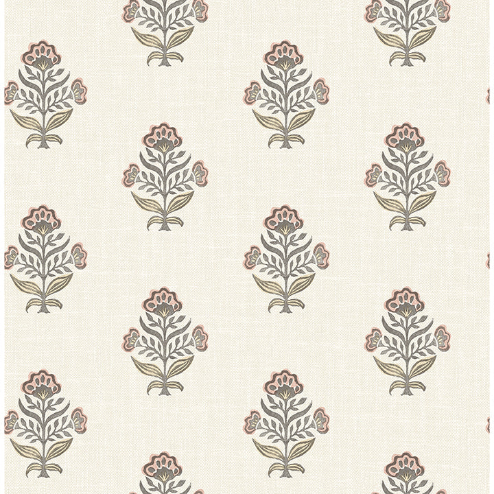 Chesapeake Hollyhock Rust Floral Crest Wallpaper pattern and room imagery