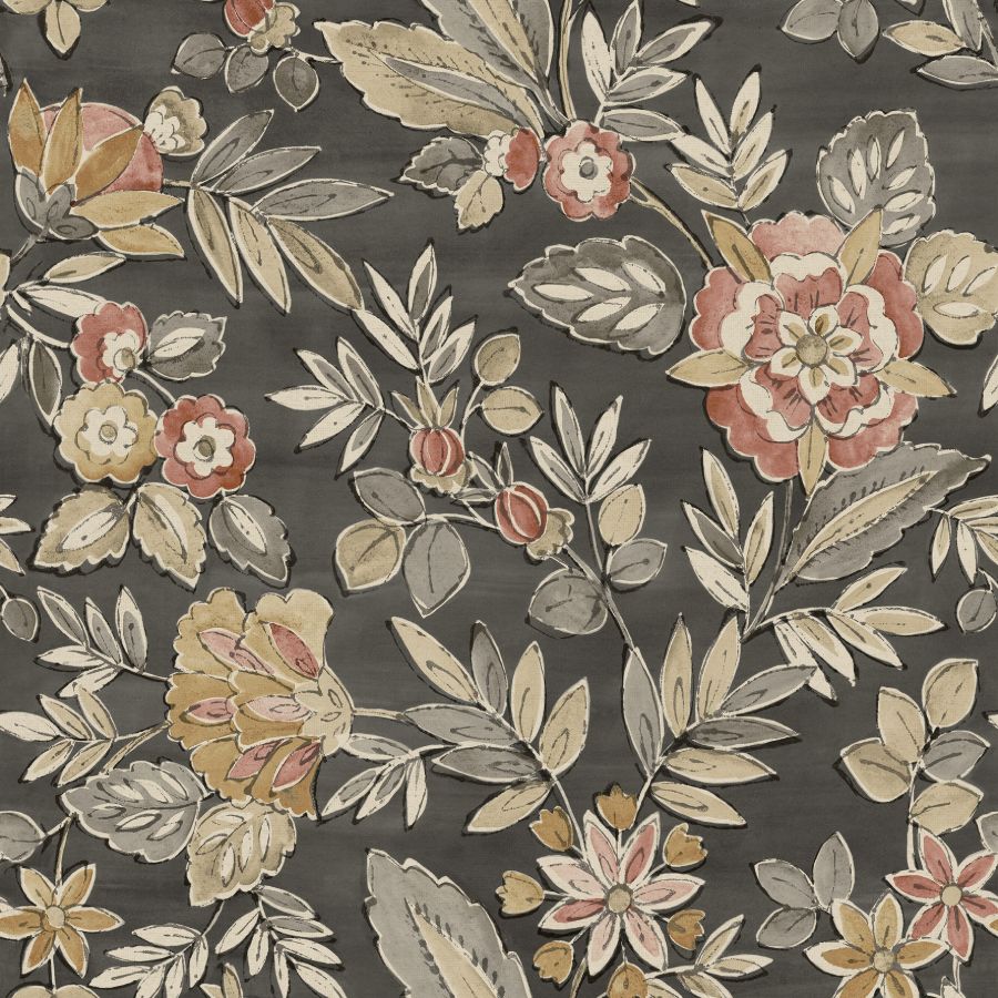 Chesapeake Begonia Black Floral Trail Wallpaper with watercolor blossoms and vines on a black background.