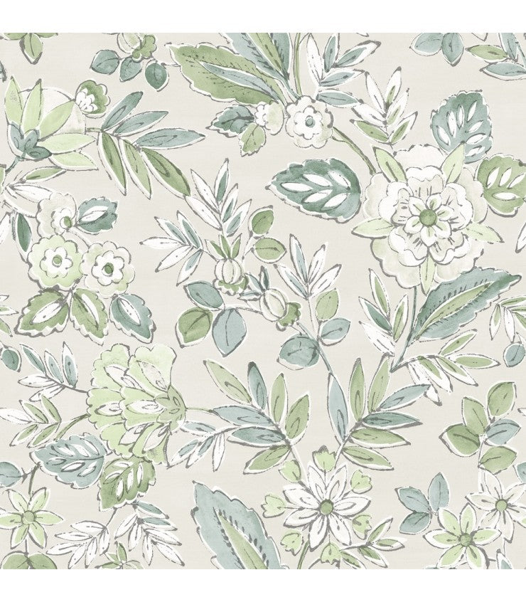 Chesapeake Begonia Sea Green floral trail wallpaper roll and room scene, 20.5 in x 33 ft