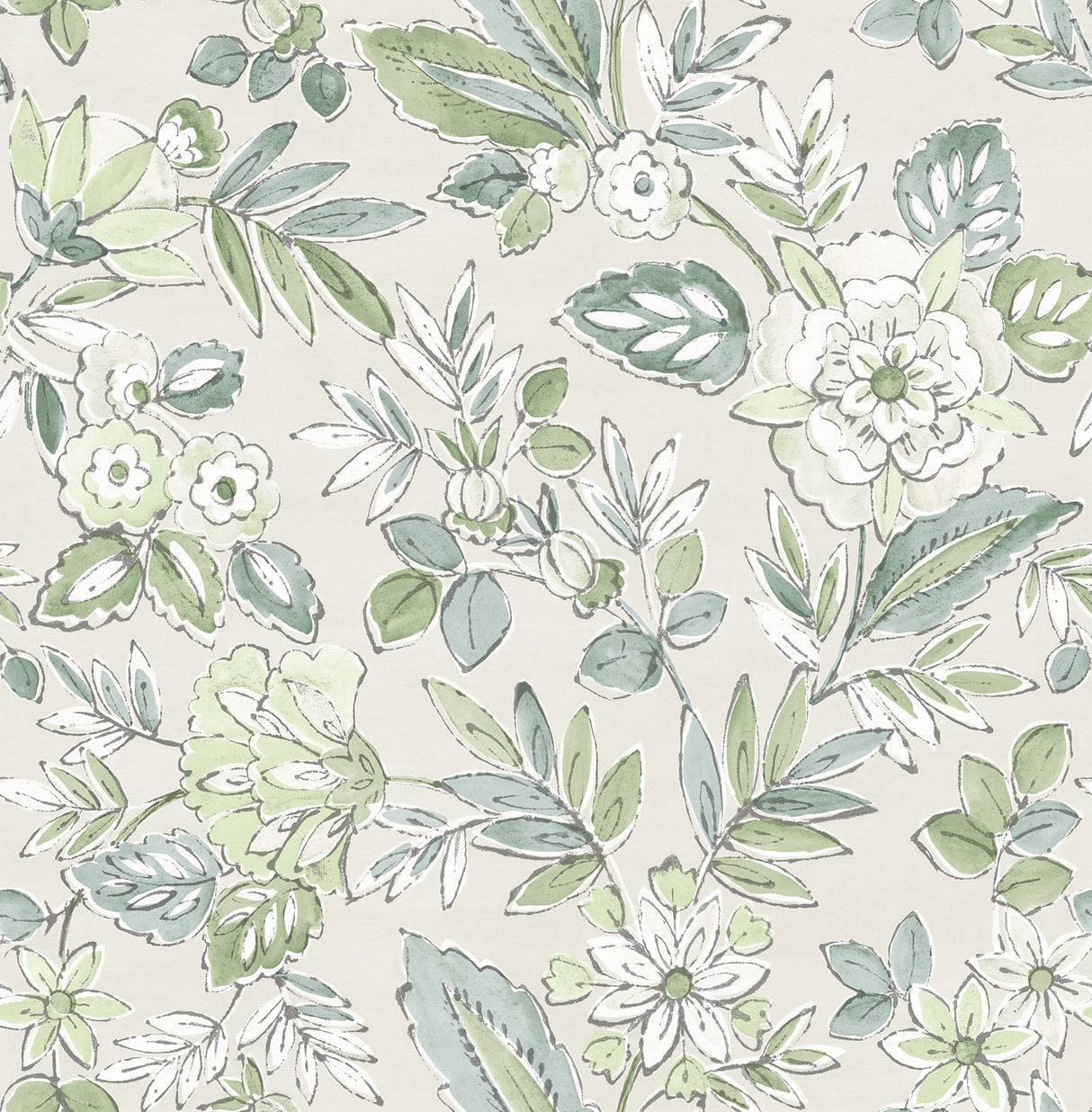 Chesapeake Begonia Sea Green floral trail wallpaper roll and room scene, 20.5 in x 33 ft