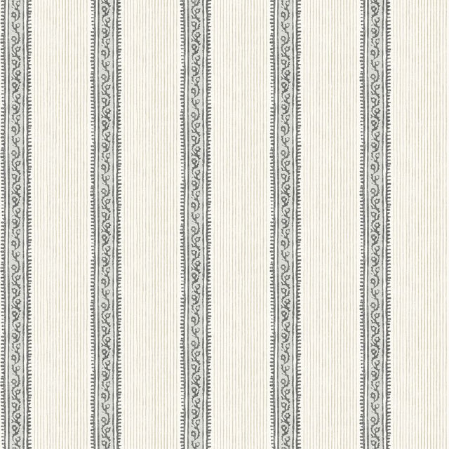 Mandevilla Black Vine Stripe Wallpaper by Chesapeake – vertical stripe with vine band on cream