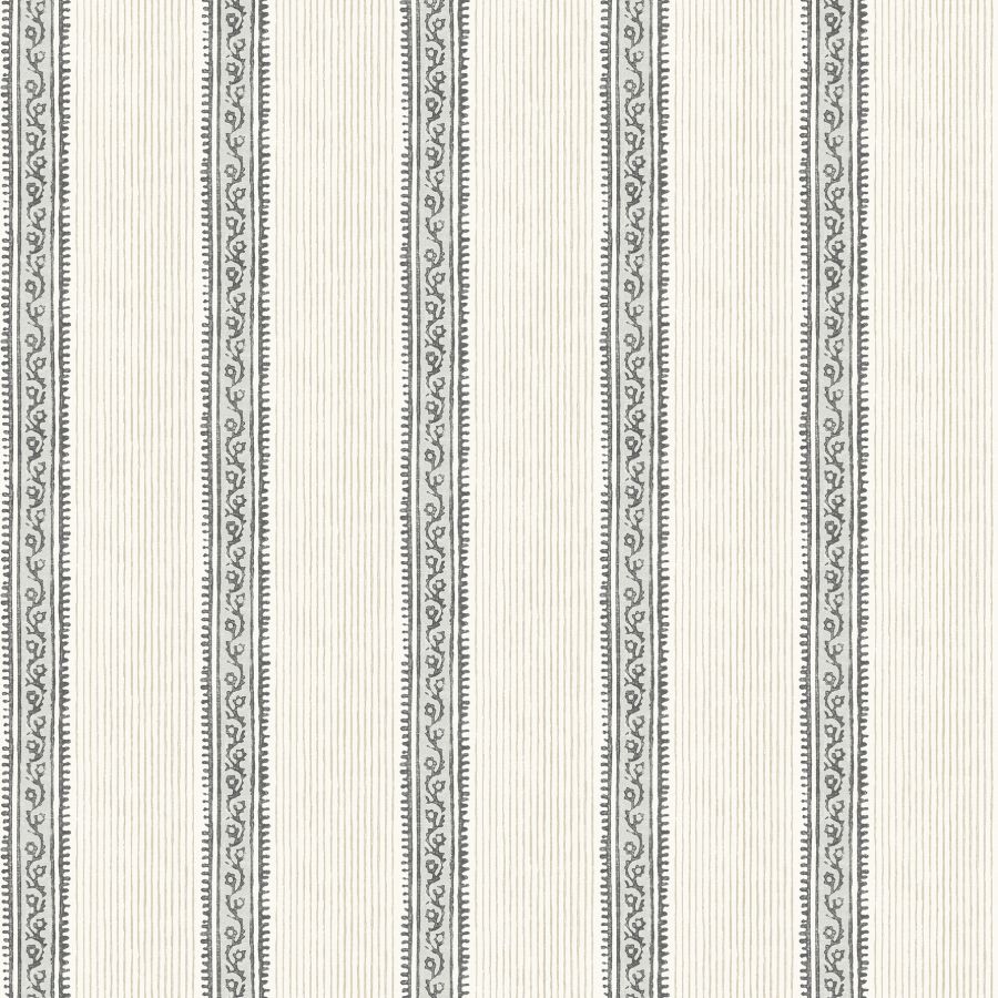 Mandevilla Black Vine Stripe Wallpaper by Chesapeake – vertical stripe with vine band on cream