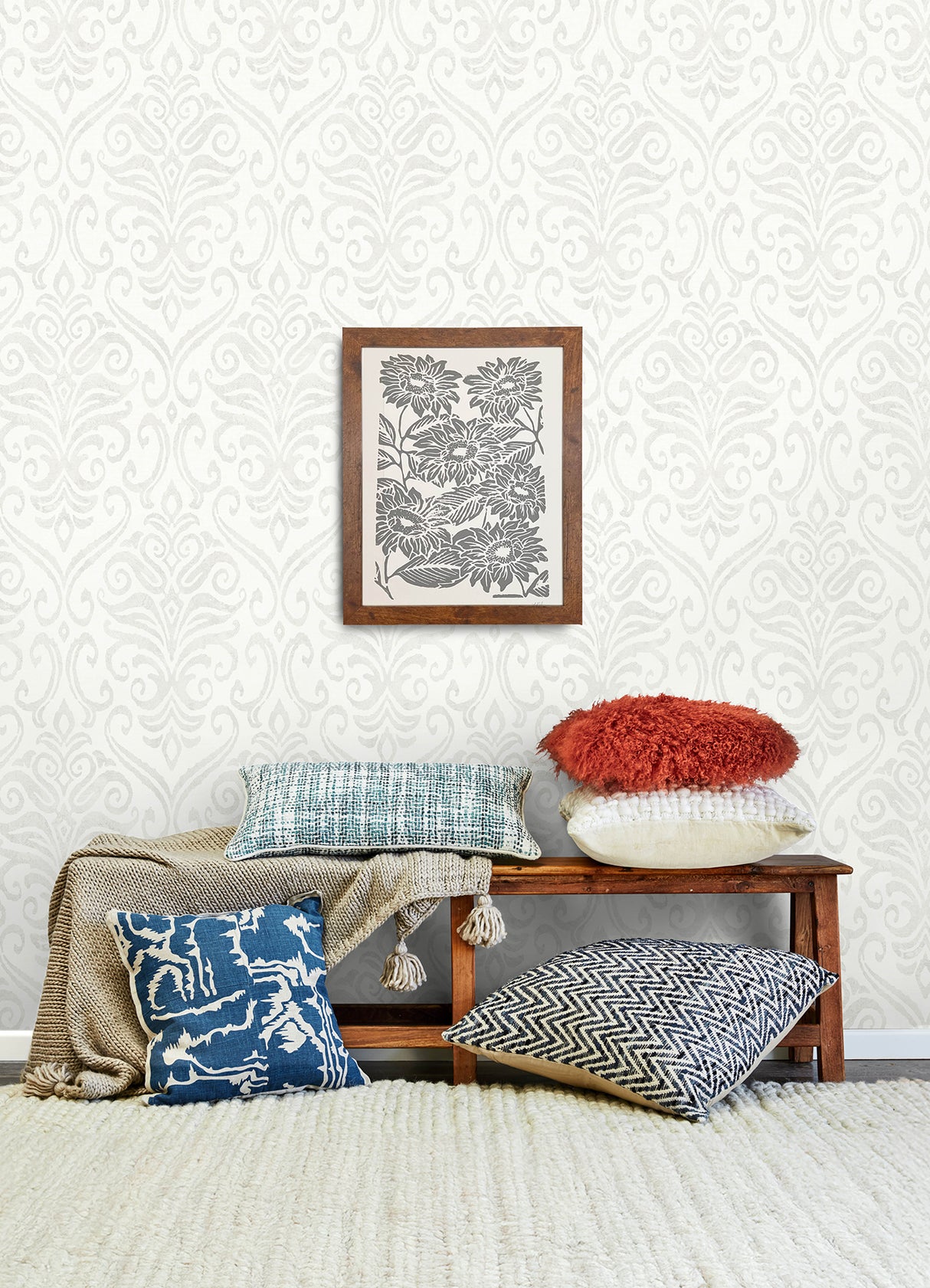 Adavu Dove by Chesapeake Damask Wallpaper - Brewster Home Fashions 4148-27437-Sample