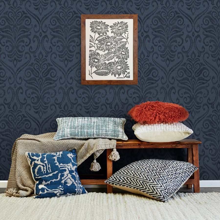Adavu Blue by Chesapeake Damask Wallpaper- Brewster Home Fashions 4148-27438