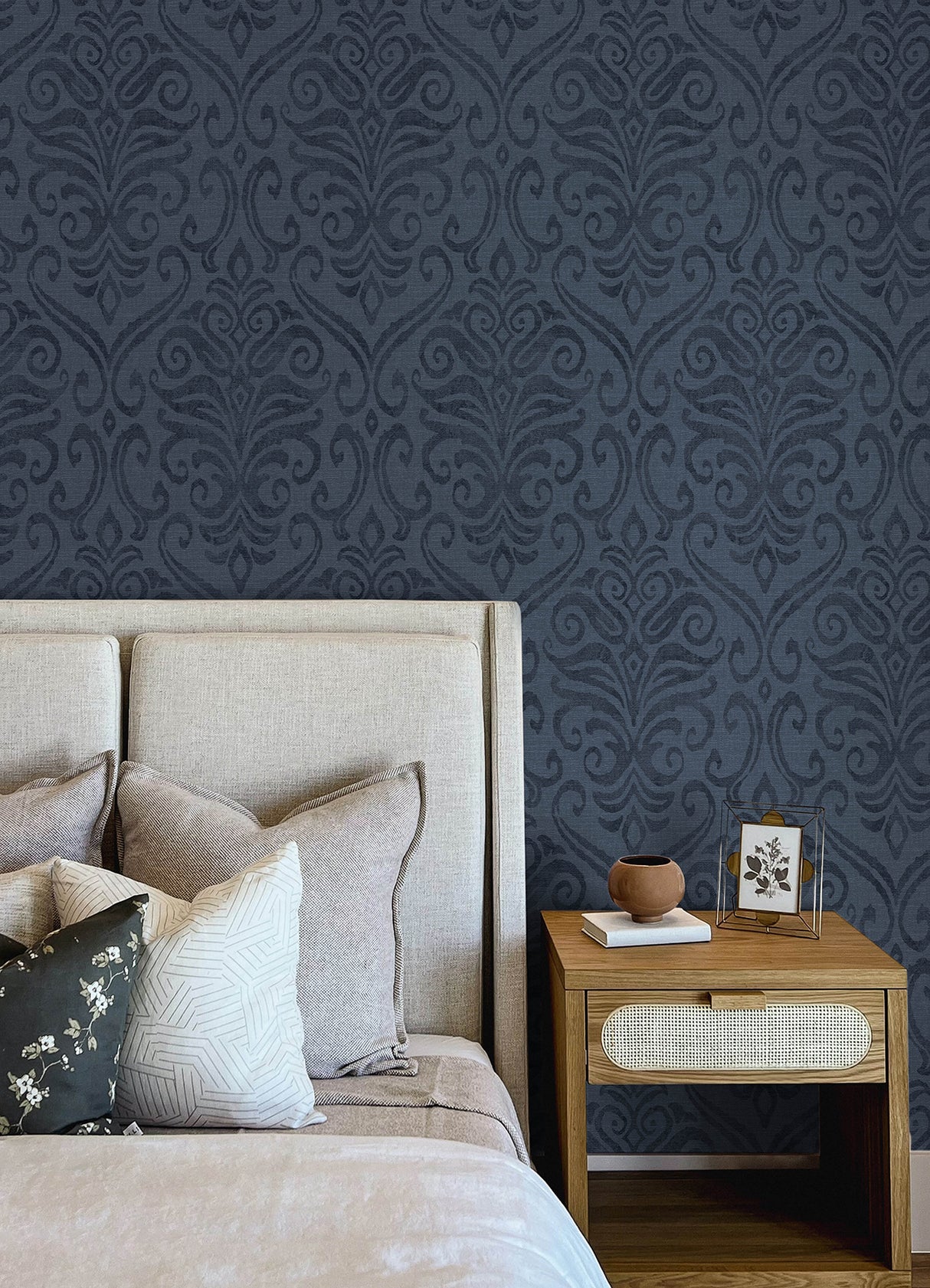 Adavu Blue by Chesapeake Textured Non Woven Damask Wallpaper - Brewster Home Fashions 4148-27438-Sample