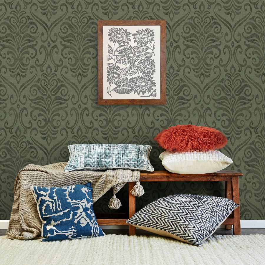 Adavu Dark Green by Chesapeake Damask Wallpaper- Brewster Home Fashions 4148-27440