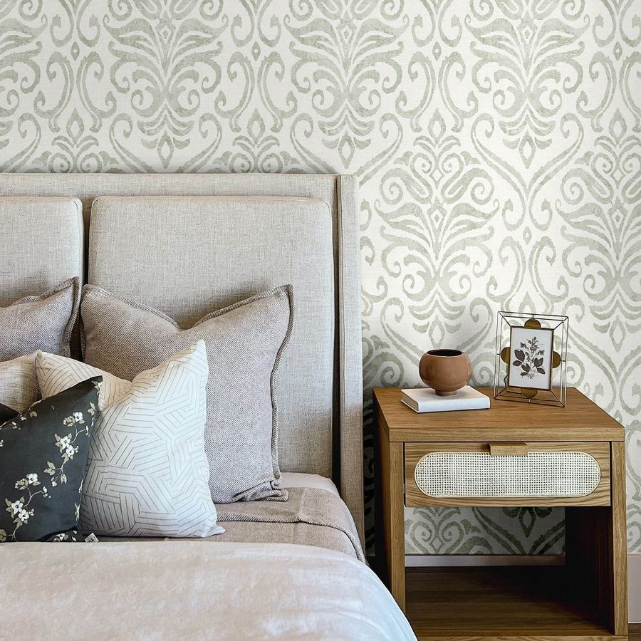 Adavu Damask Sage by Chesapeake Traditional Non Woven Wallpaper – Brewster Home Fashions 4148-27441