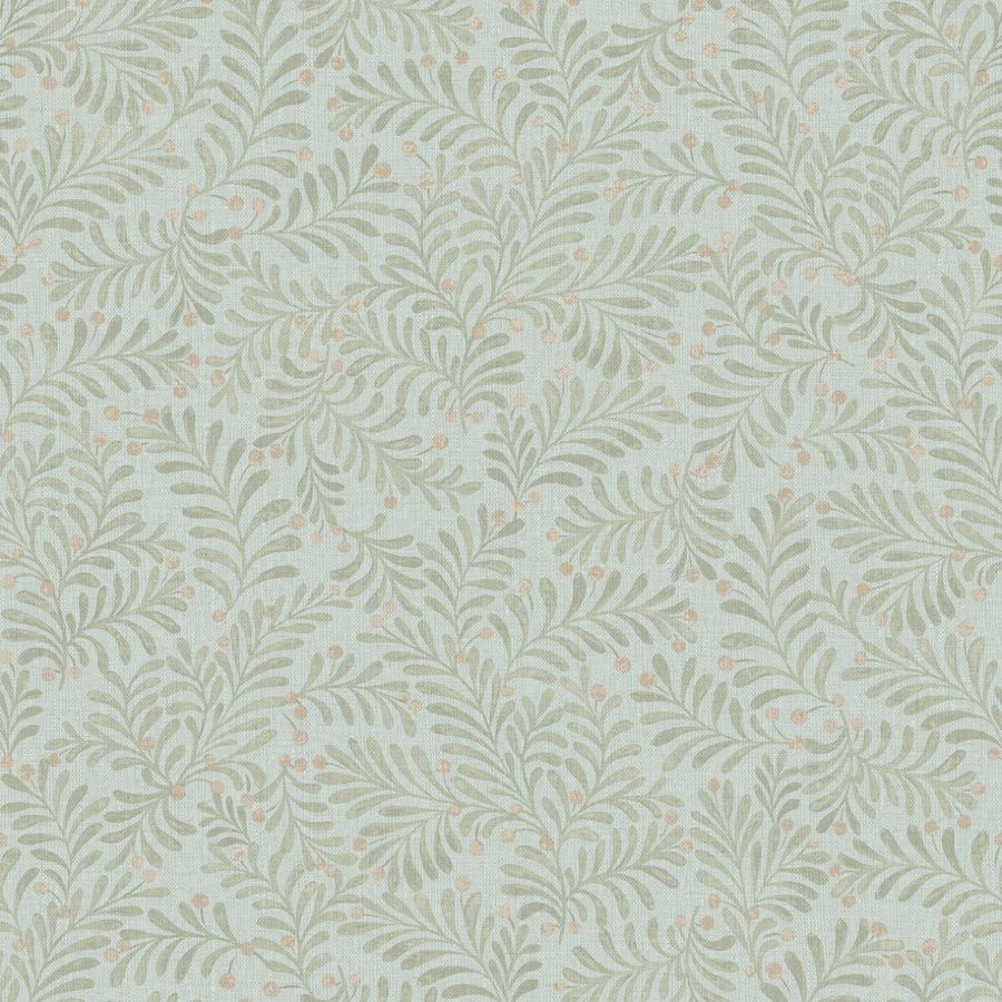 Chesapeake Chrysantha Aqua Berry Branches Wallpaper swatch showing botanical fern and berry design on aqua background