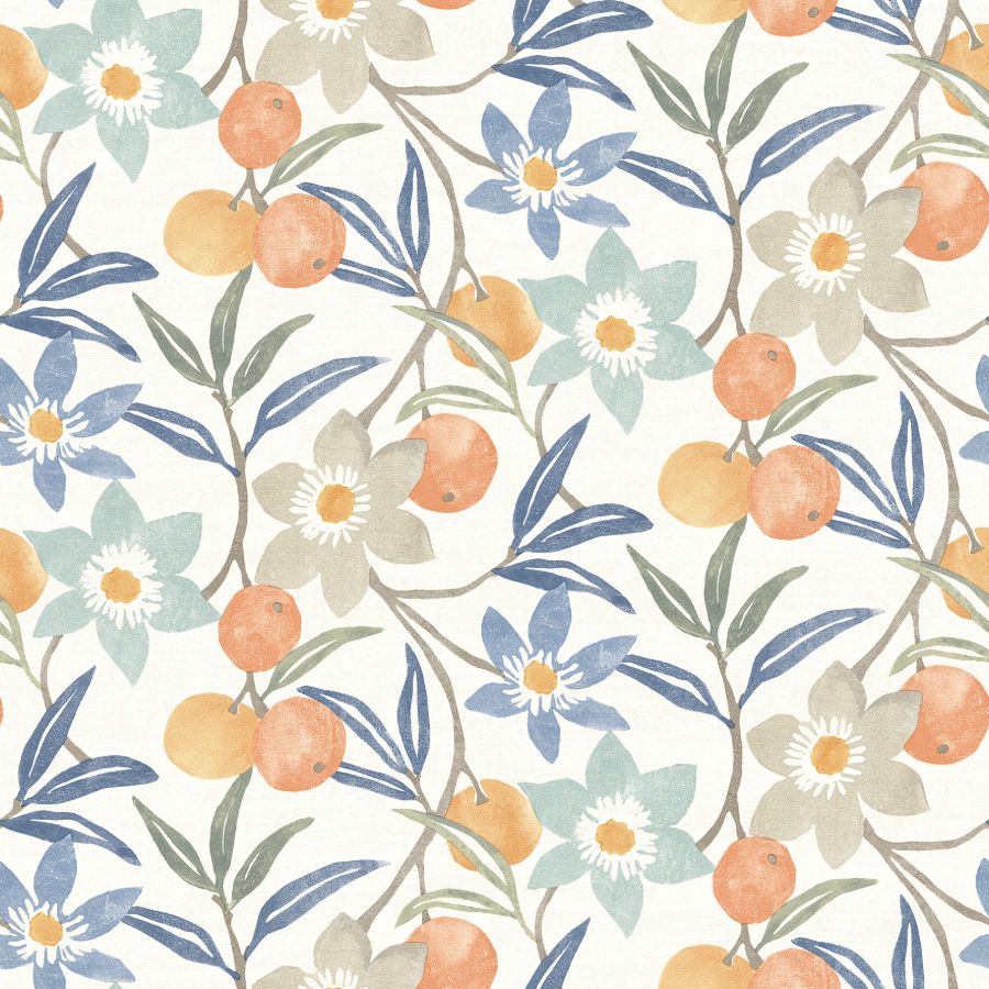 Passiflora Blue Fruit and Floral Wallpaper by Chesapeake shown in pattern and room scenes