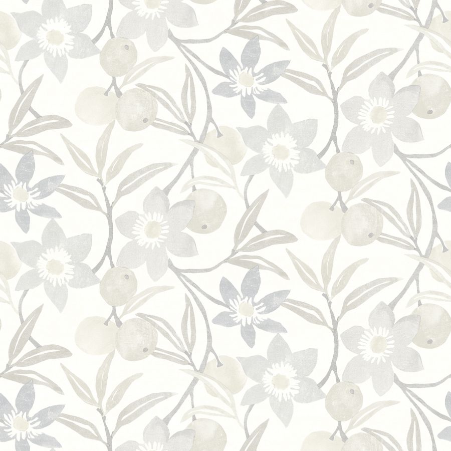 Passiflora Grey fruit and floral wallpaper by Chesapeake, non woven, 20.5 in x 33 ft roll