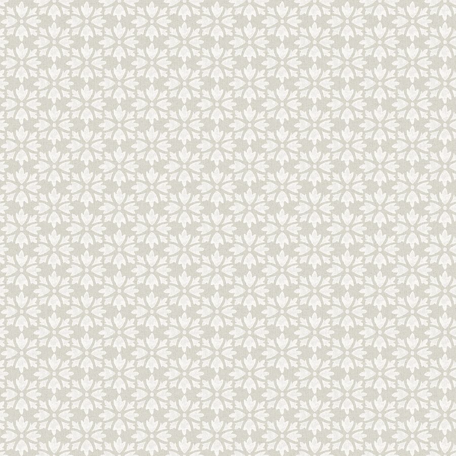 Phlox Grey Floral Stamp Wallpaper by Chesapeake, small floral medallion pattern on grey.
