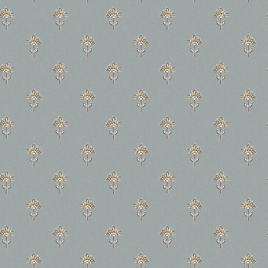 Chesapeake Surdiva Denim Floral Fan Wallpaper close-up of petite floral medallions on blue ground