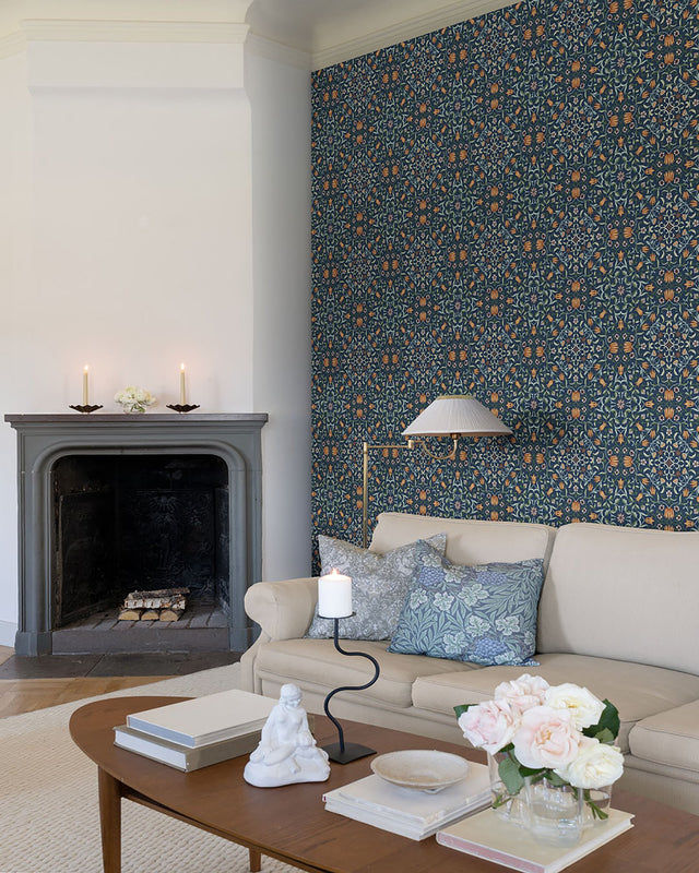 No 1 Holland Park Dark Blue Floral Wallpaper with Traditional Botanical Motif - Brewster 4153-82010