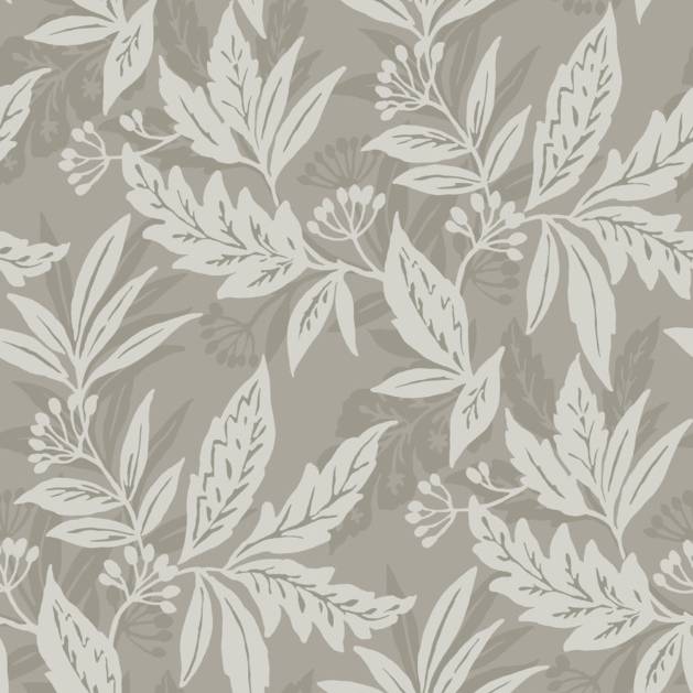 Anita Pewter woodland floral wallpaper pattern in grey with leafy silhouettes.