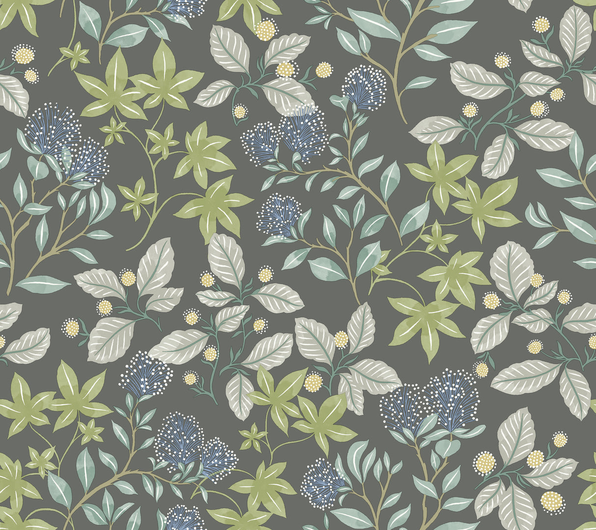 Mildred Charcoal Botanical Trail Wallpaper roll with grey ground and leafy floral motif
