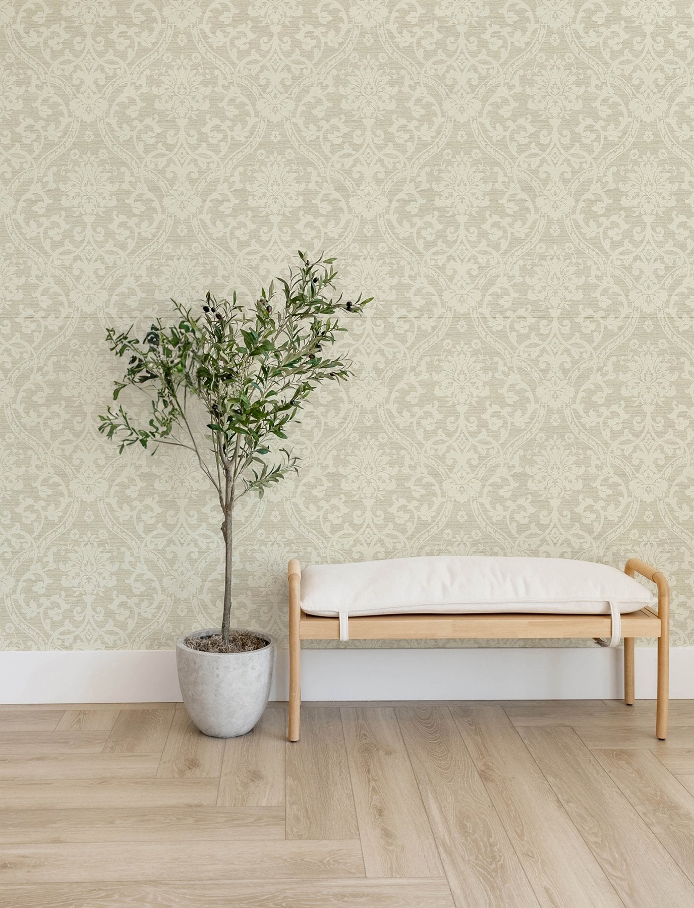 Evette Neutral Damask Wallpaper with Textured Raised Ink Traditional Pattern - Advantage 4157-25009