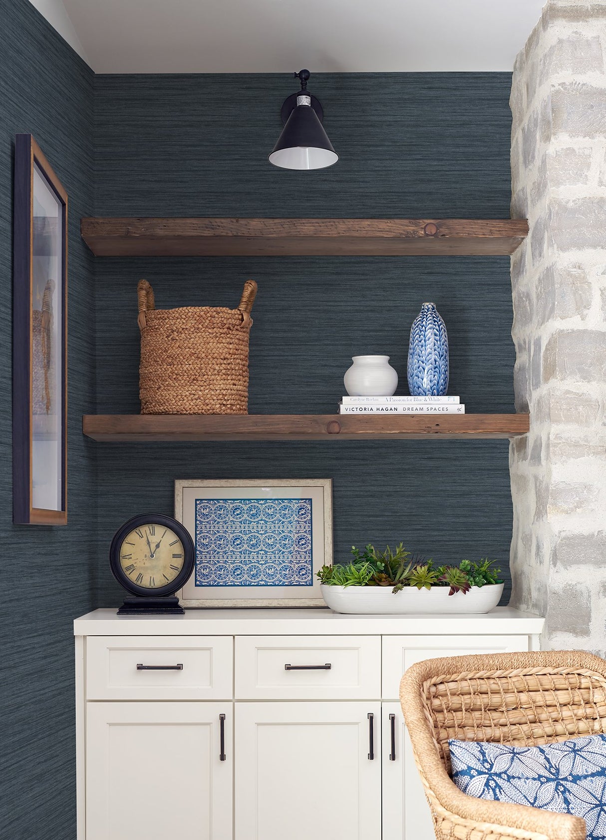 Barnaby Indigo Faux Grasscloth Wallpaper with Modern Graphics Pattern - Advantage 4157-25959